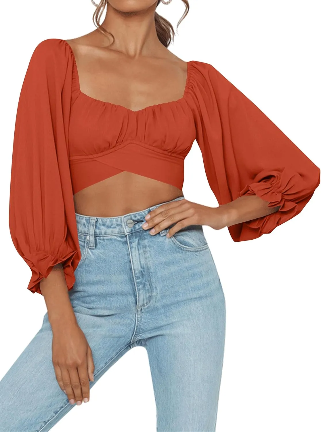 LYANER Women's Cute Off Shoulder Long Sleeve Self Tie Knot Crop Tube Top Blouse