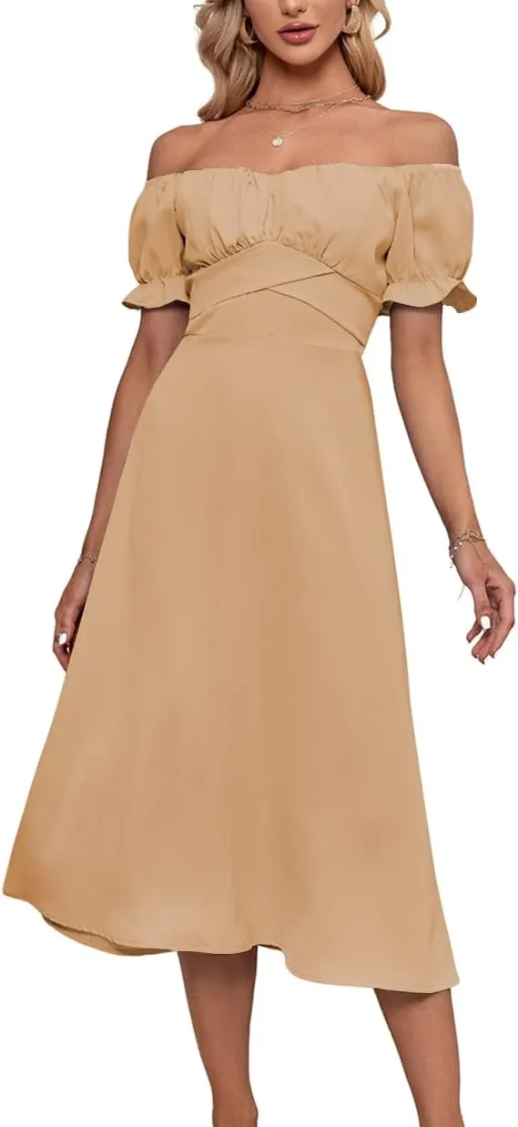 LYANER Women's Off Shoulder Wrap Ruffle Puff Short Sleeve Ruched Tie Back Dress