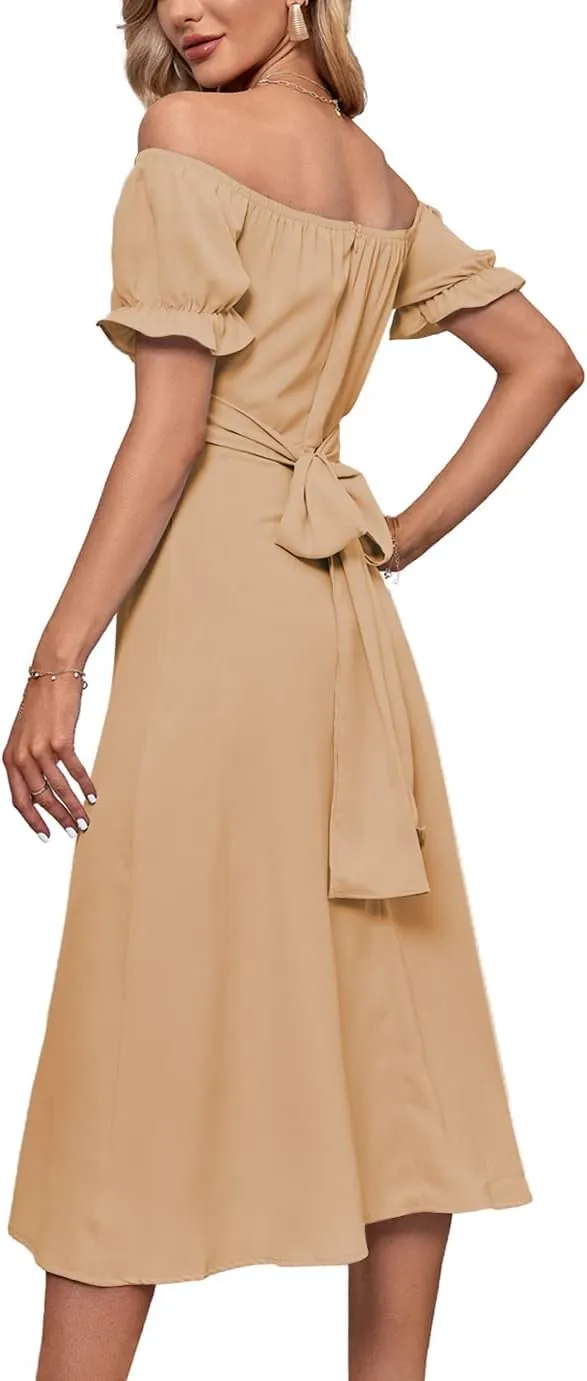 LYANER Women's Off Shoulder Wrap Ruffle Puff Short Sleeve Ruched Tie Back Dress
