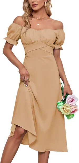 LYANER Women's Off Shoulder Wrap Ruffle Puff Short Sleeve Ruched Tie Back Dress