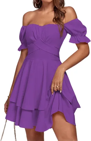 LYANER Women's Tie Back Off Shoulder Wrap Layer Ruffle Short Sleeve Mini Dress