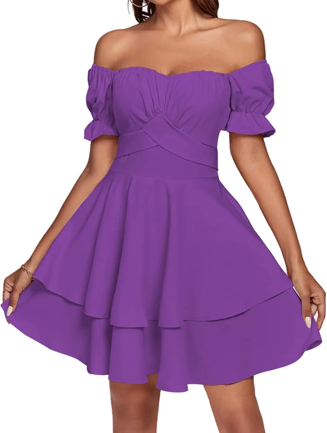 LYANER Women's Tie Back Off Shoulder Wrap Layer Ruffle Short Sleeve Mini Dress