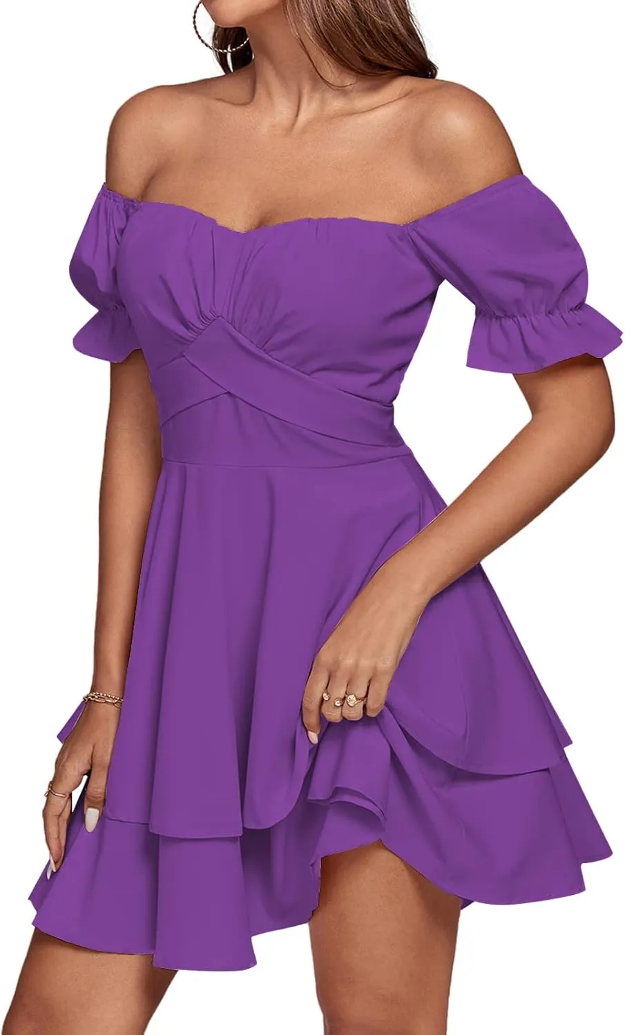 LYANER Women's Tie Back Off Shoulder Wrap Layer Ruffle Short Sleeve Mini Dress