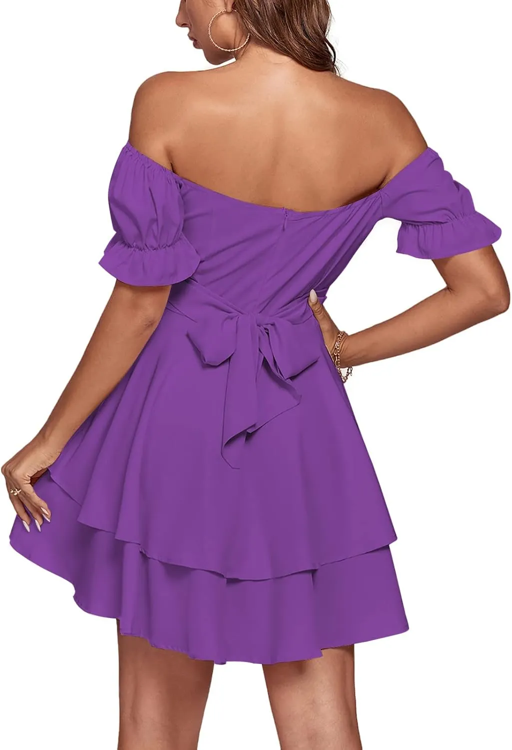 LYANER Women's Tie Back Off Shoulder Wrap Layer Ruffle Short Sleeve Mini Dress