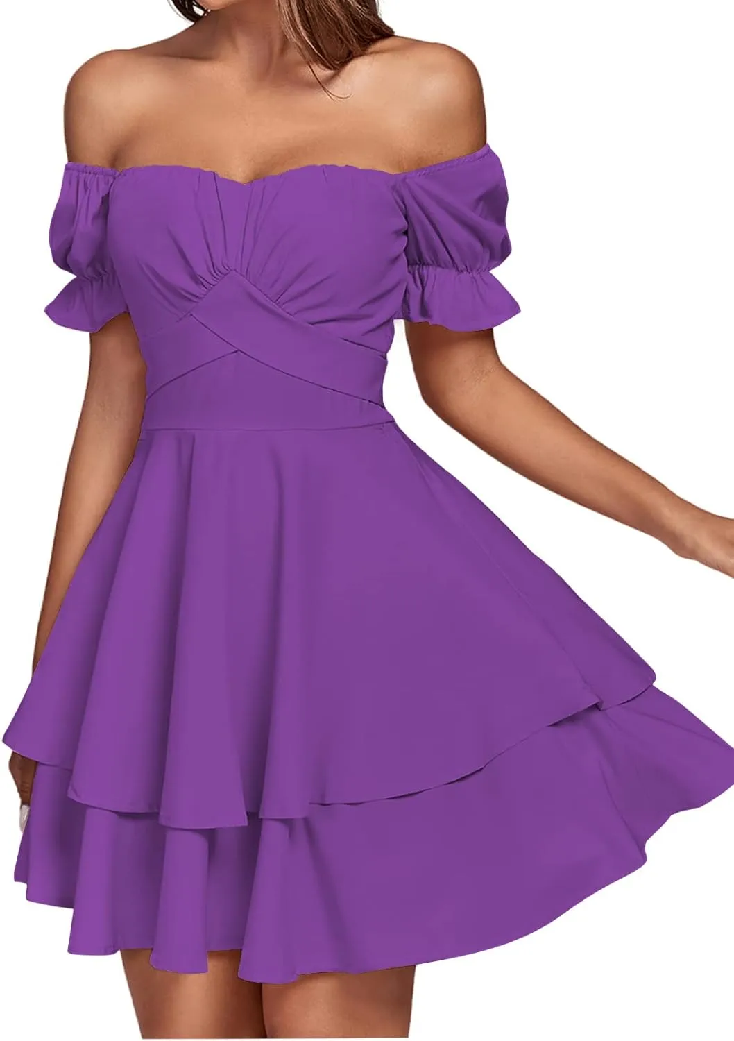 LYANER Women's Tie Back Off Shoulder Wrap Layer Ruffle Short Sleeve Mini Dress