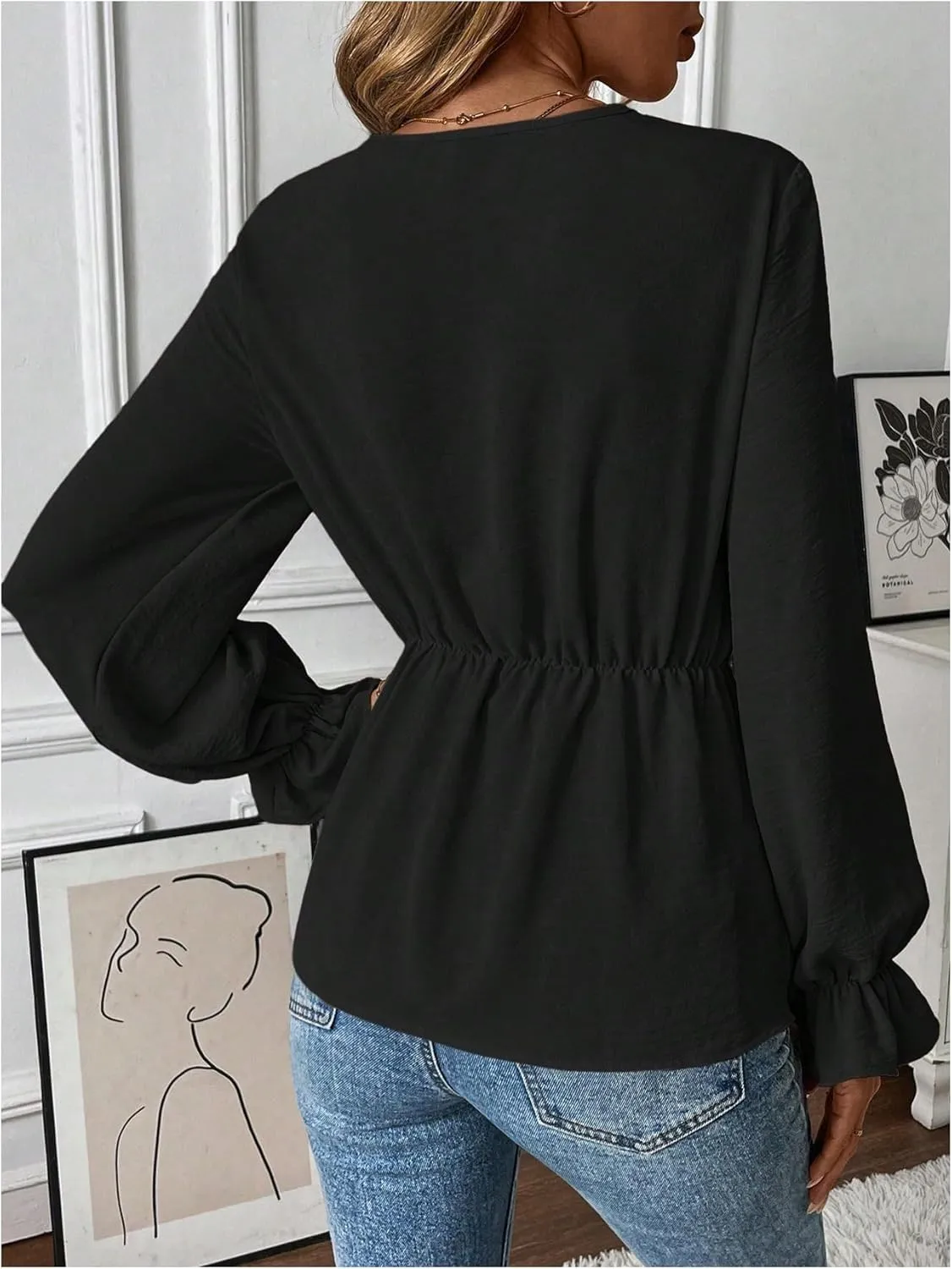 MakeMeChic Women's V Neck Bell Sleeve Blouses Top Knot Front Wrap Ruffle Hem Blouses
