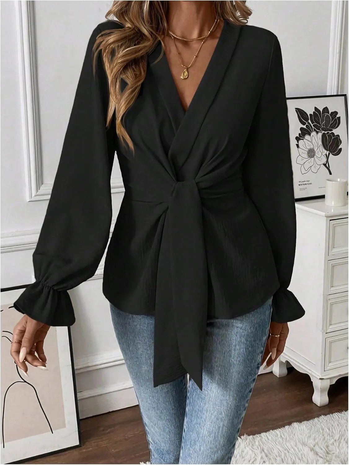 MakeMeChic Women's V Neck Bell Sleeve Blouses Top Knot Front Wrap Ruffle Hem Blouses