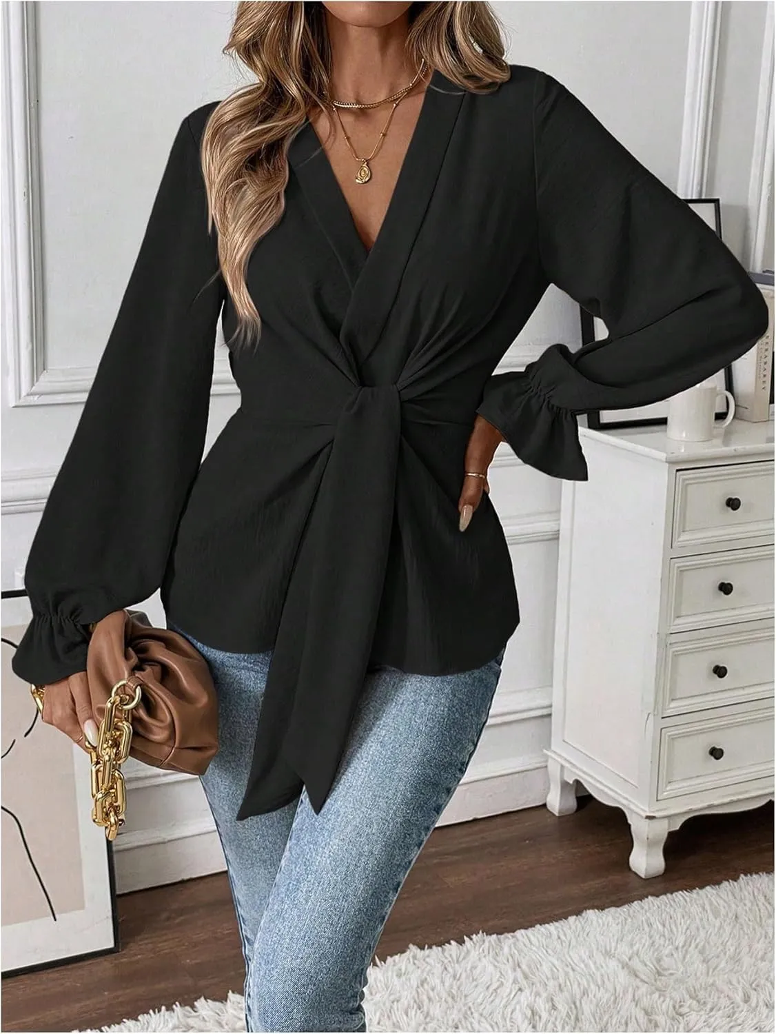 MakeMeChic Women's V Neck Bell Sleeve Blouses Top Knot Front Wrap Ruffle Hem Blouses