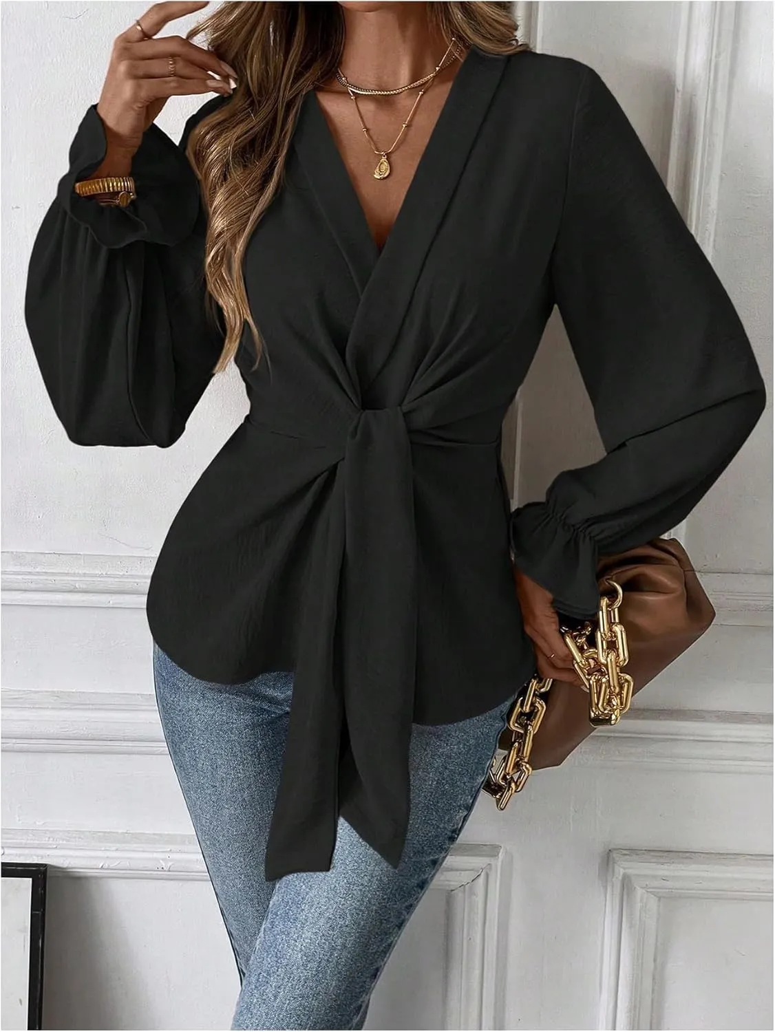 MakeMeChic Women's V Neck Bell Sleeve Blouses Top Knot Front Wrap Ruffle Hem Blouses