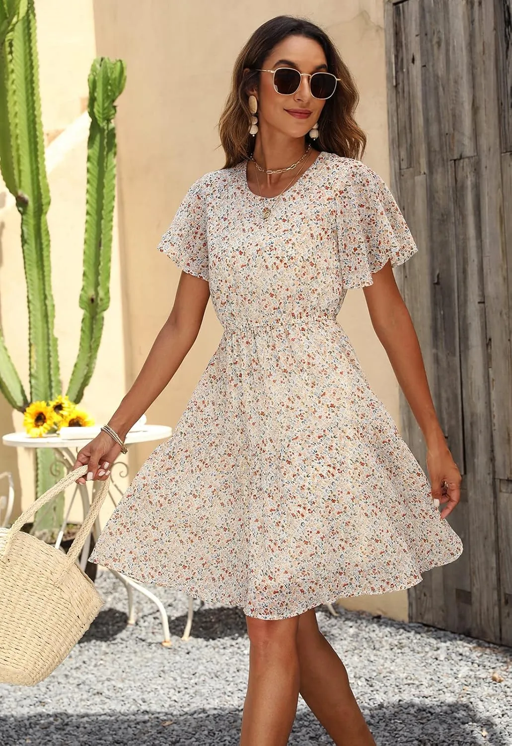 Manydress Women's Chiffon Floral Dresses Casual Summer Boho Flutter Sleeve Flowy Skater Western Dress MY112