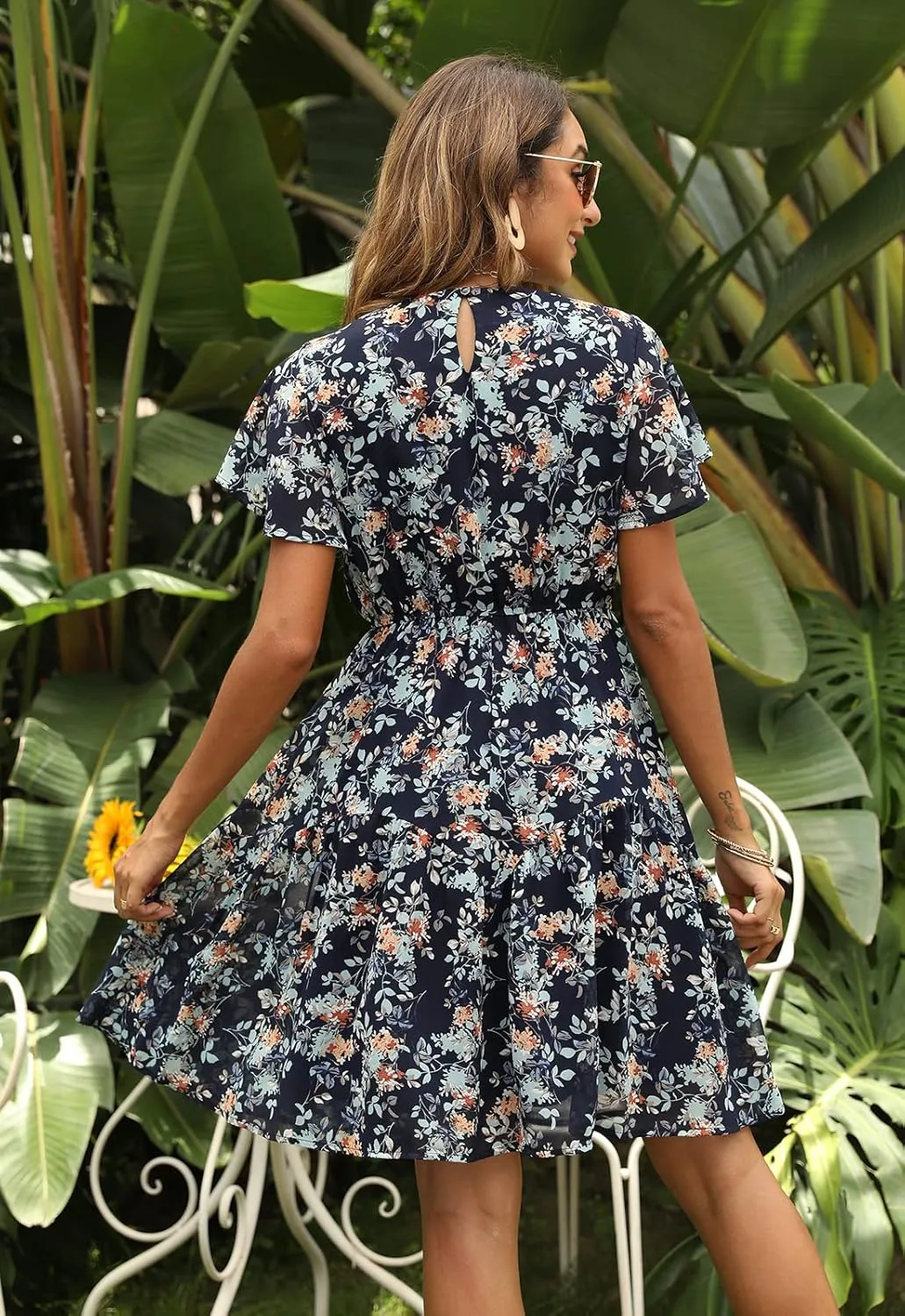 Manydress Women's Chiffon Floral Dresses Casual Summer Boho Flutter Sleeve Flowy Skater Western Dress MY112