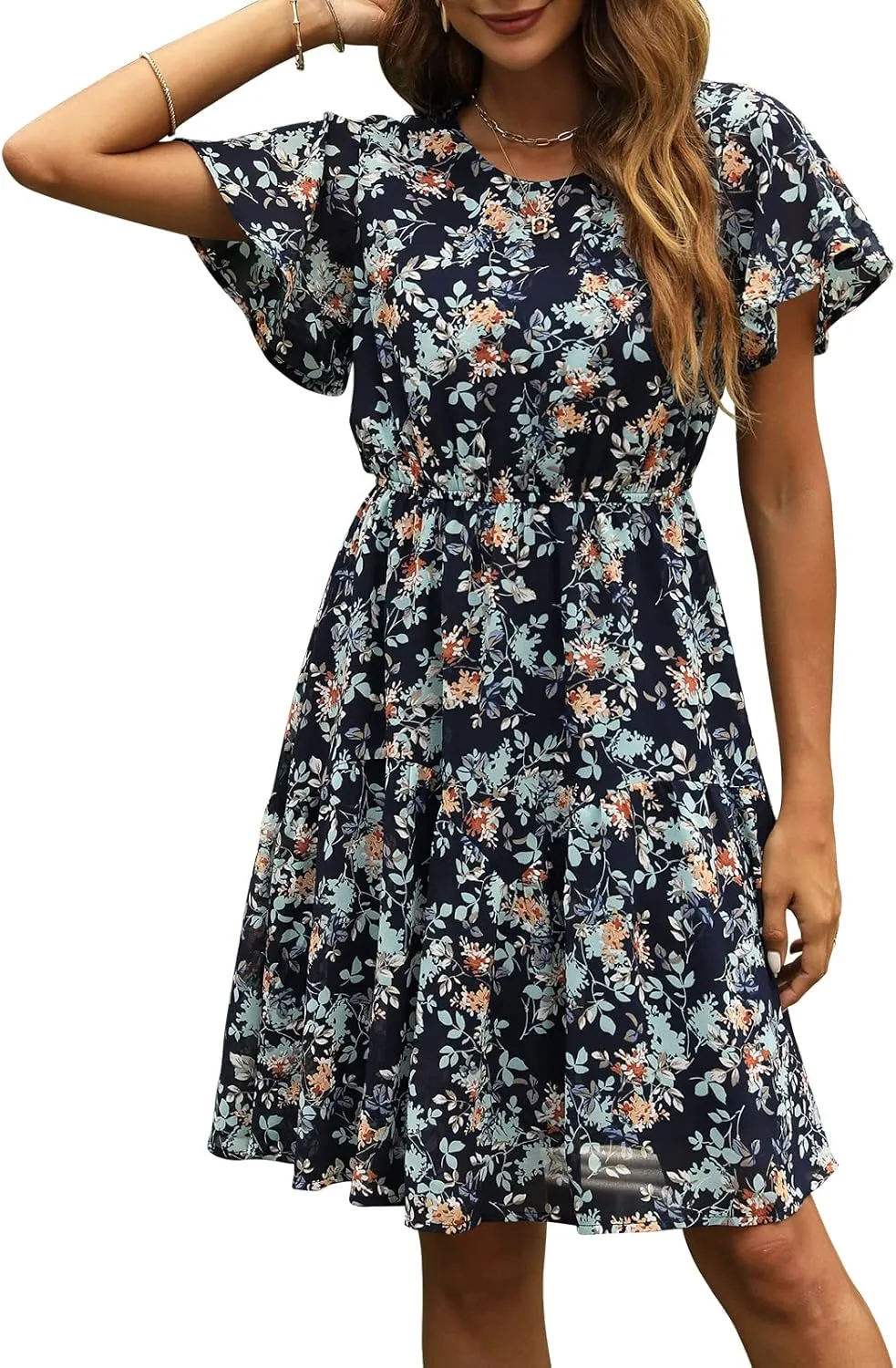 Manydress Women's Chiffon Floral Dresses Casual Summer Boho Flutter Sleeve Flowy Skater Western Dress MY112