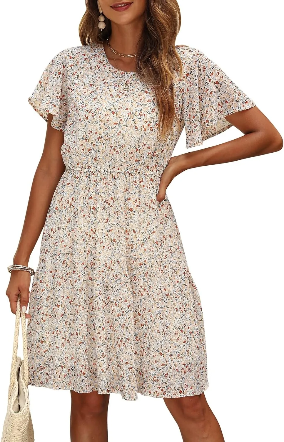 Manydress Women's Chiffon Floral Dresses Casual Summer Boho Flutter Sleeve Flowy Skater Western Dress MY112