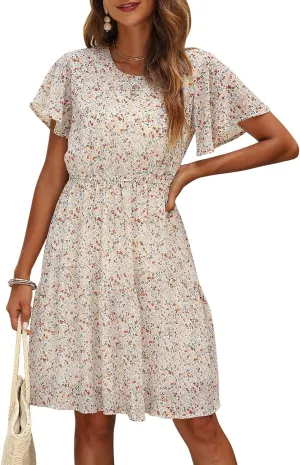 Manydress Women's Chiffon Floral Dresses Casual Summer Boho Flutter Sleeve Flowy Skater Western Dress MY112