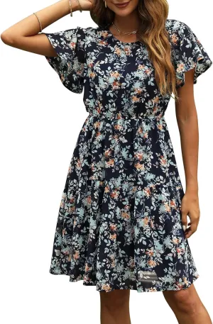 Manydress Women's Chiffon Floral Dresses Casual Summer Boho Flutter Sleeve Flowy Skater Western Dress MY112