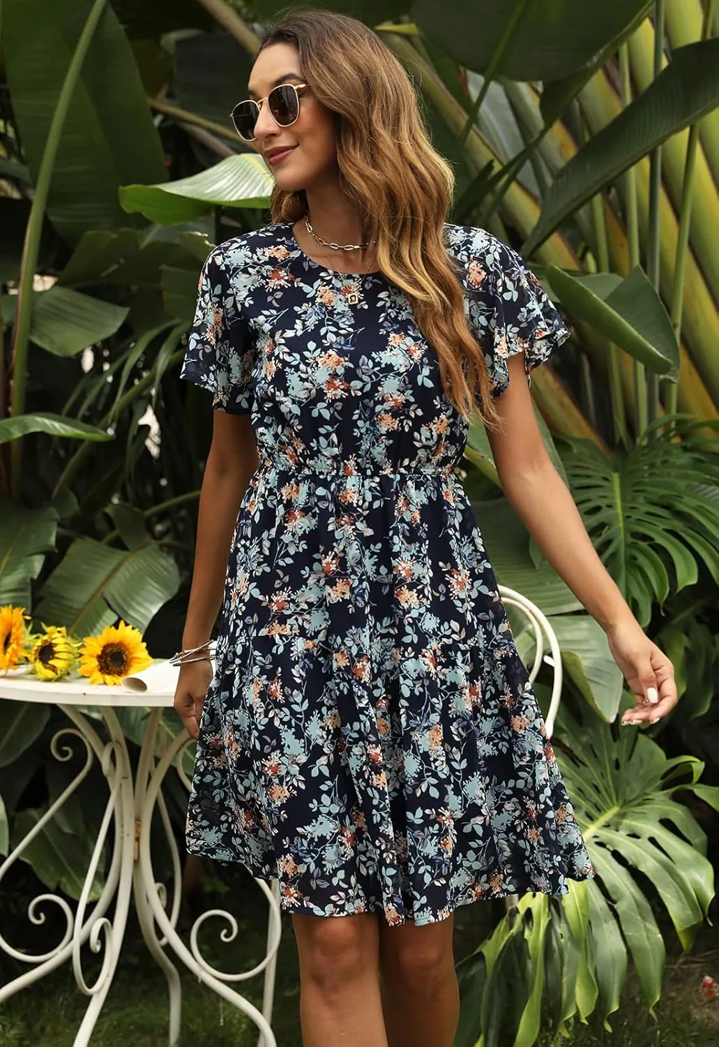 Manydress Women's Chiffon Floral Dresses Casual Summer Boho Flutter Sleeve Flowy Skater Western Dress MY112