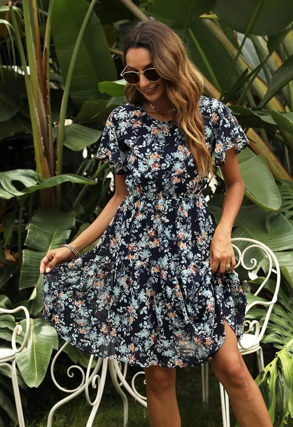 Manydress Women's Chiffon Floral Dresses Casual Summer Boho Flutter Sleeve Flowy Skater Western Dress MY112