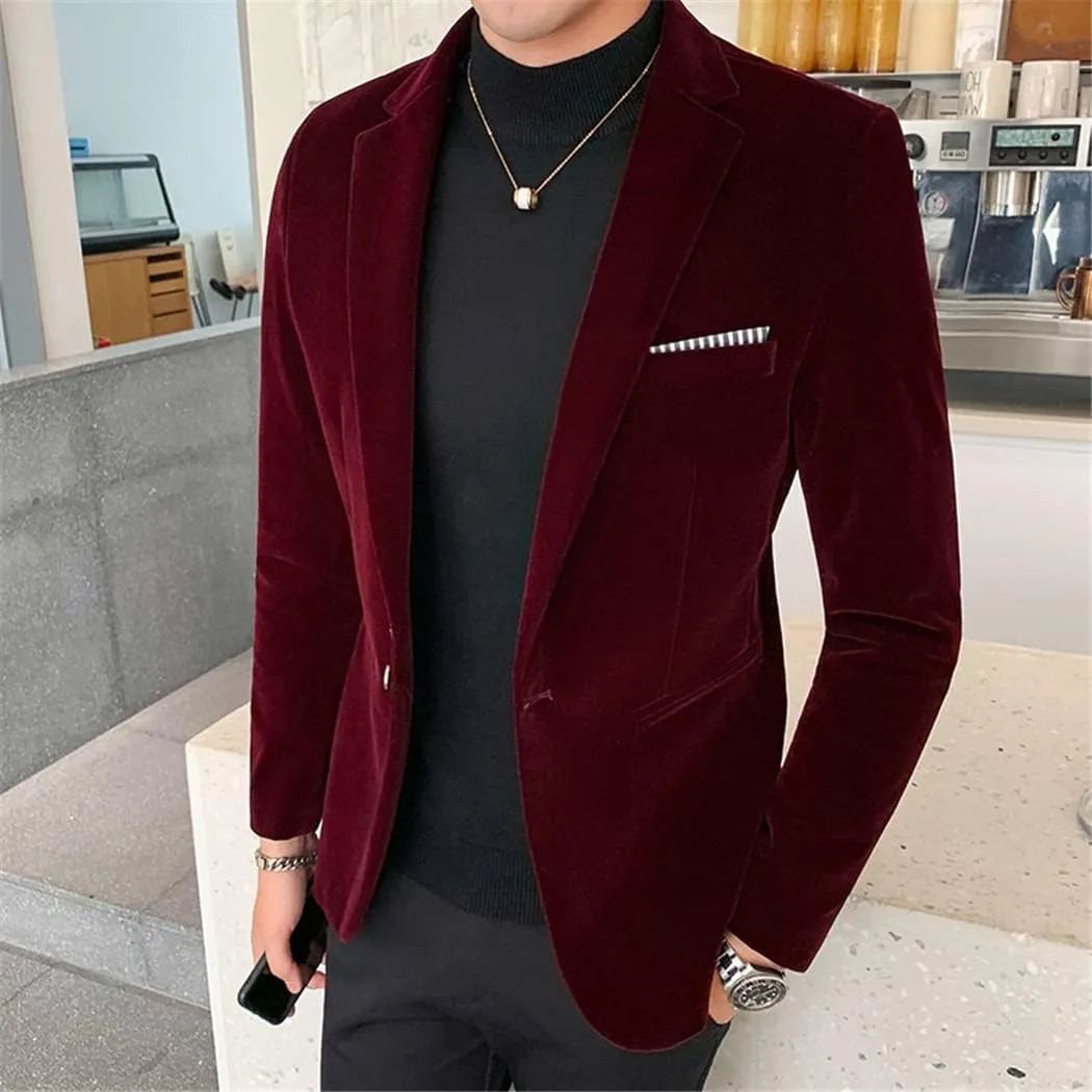 Men Burgundy Velvet Blazer Casual Men Wedding Groom Singer Slim Blazer Formal Evening Dress Jacket