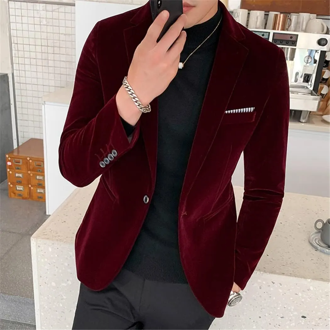 Men Burgundy Velvet Blazer Casual Men Wedding Groom Singer Slim Blazer Formal Evening Dress Jacket