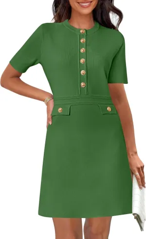 MEROKEETY Women's Knit Bodycon Sweater Dress Button Short Sleeve Crew Neck Elegant Formal Mini Dress
