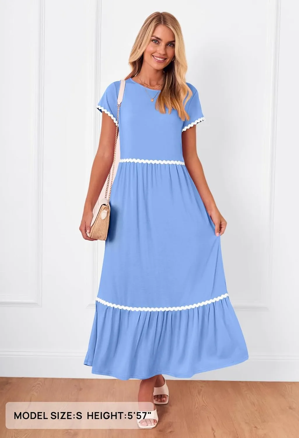 MEROKEETY Women's Summer Cap Sleeve Maxi Dresses Casual Crew Neck Flowy Tiered Beach Dress with Pockets
