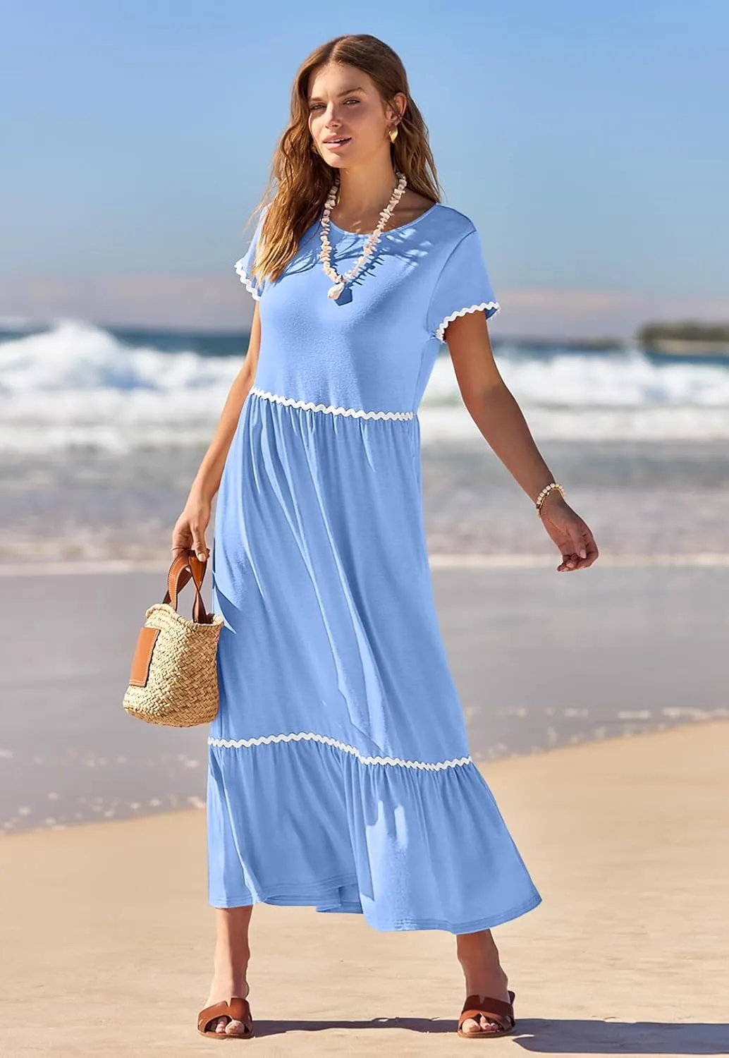 MEROKEETY Women's Summer Cap Sleeve Maxi Dresses Casual Crew Neck Flowy Tiered Beach Dress with Pockets