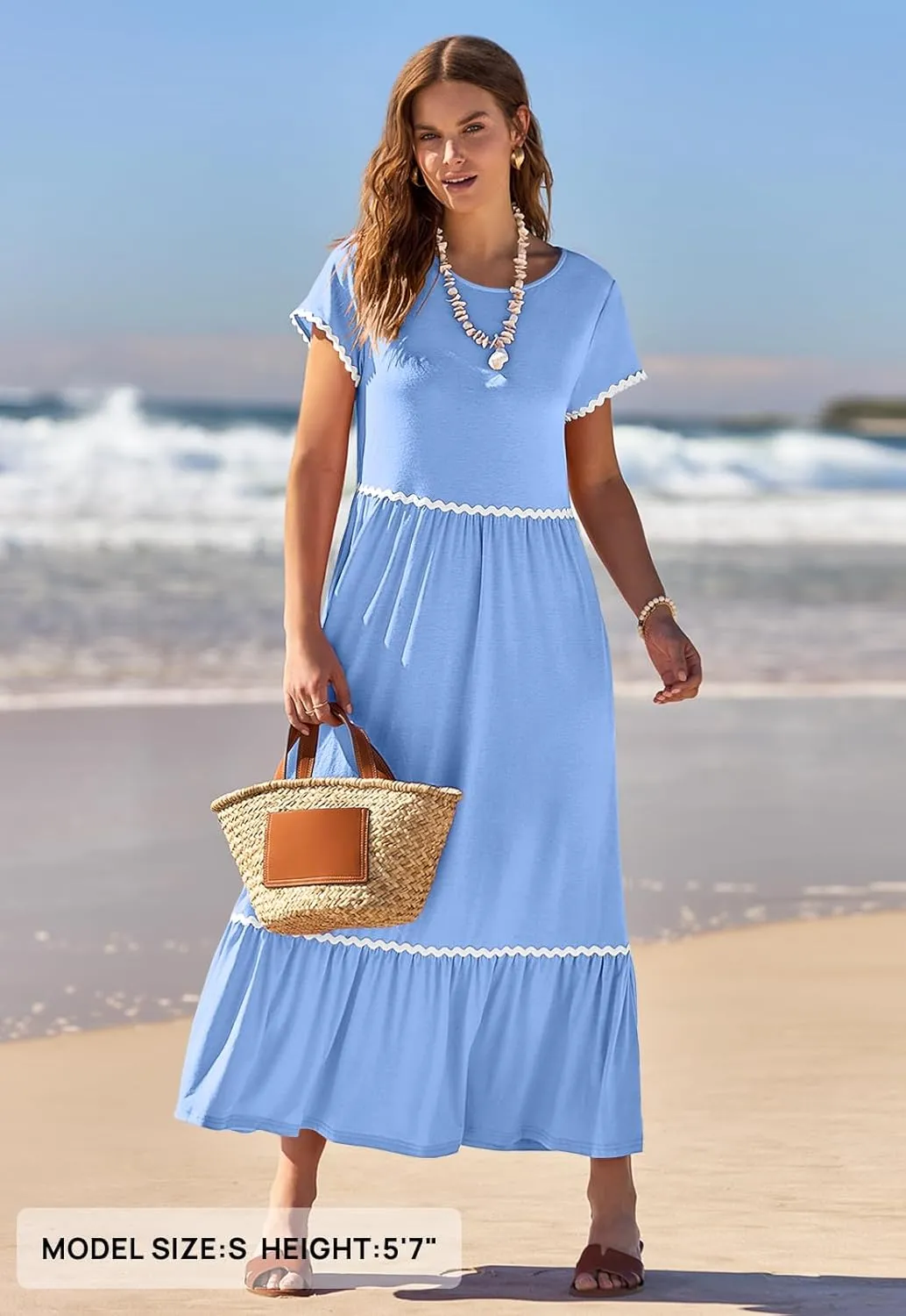 MEROKEETY Women's Summer Cap Sleeve Maxi Dresses Casual Crew Neck Flowy Tiered Beach Dress with Pockets