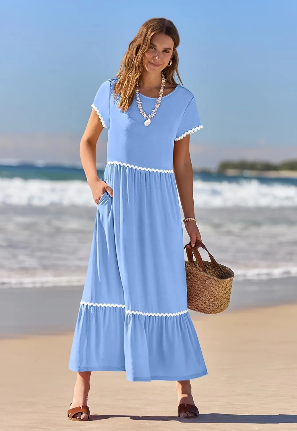 MEROKEETY Women's Summer Cap Sleeve Maxi Dresses Casual Crew Neck Flowy Tiered Beach Dress with Pockets