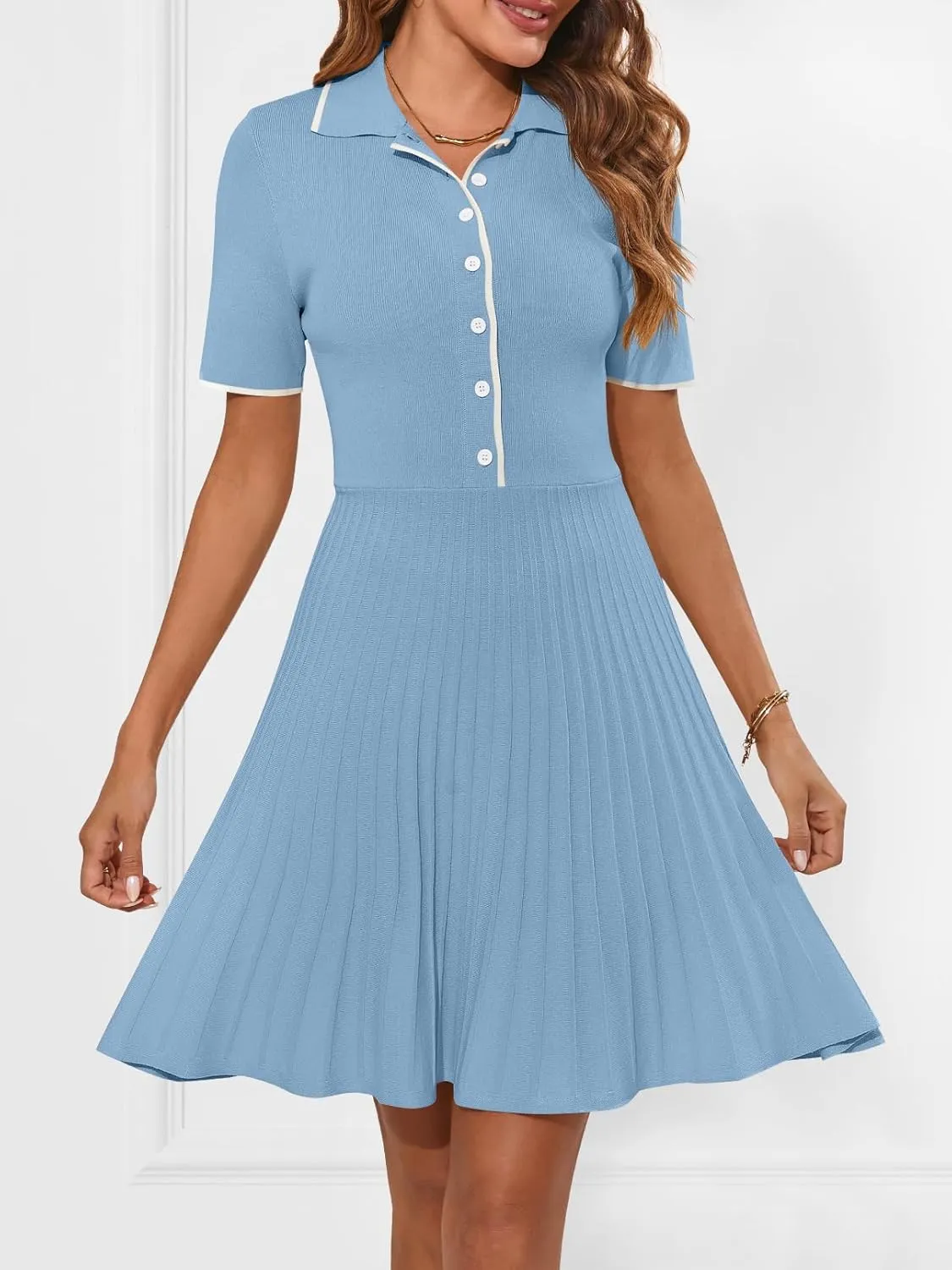 MEROKEETY Women's Summer Ribbed Knit Midi Dresses Short Sleeve V Neck Button A Line Swing Sweater Dress