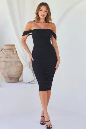 Milla Mesh Black Off Shoulder Rouged Evening Dress