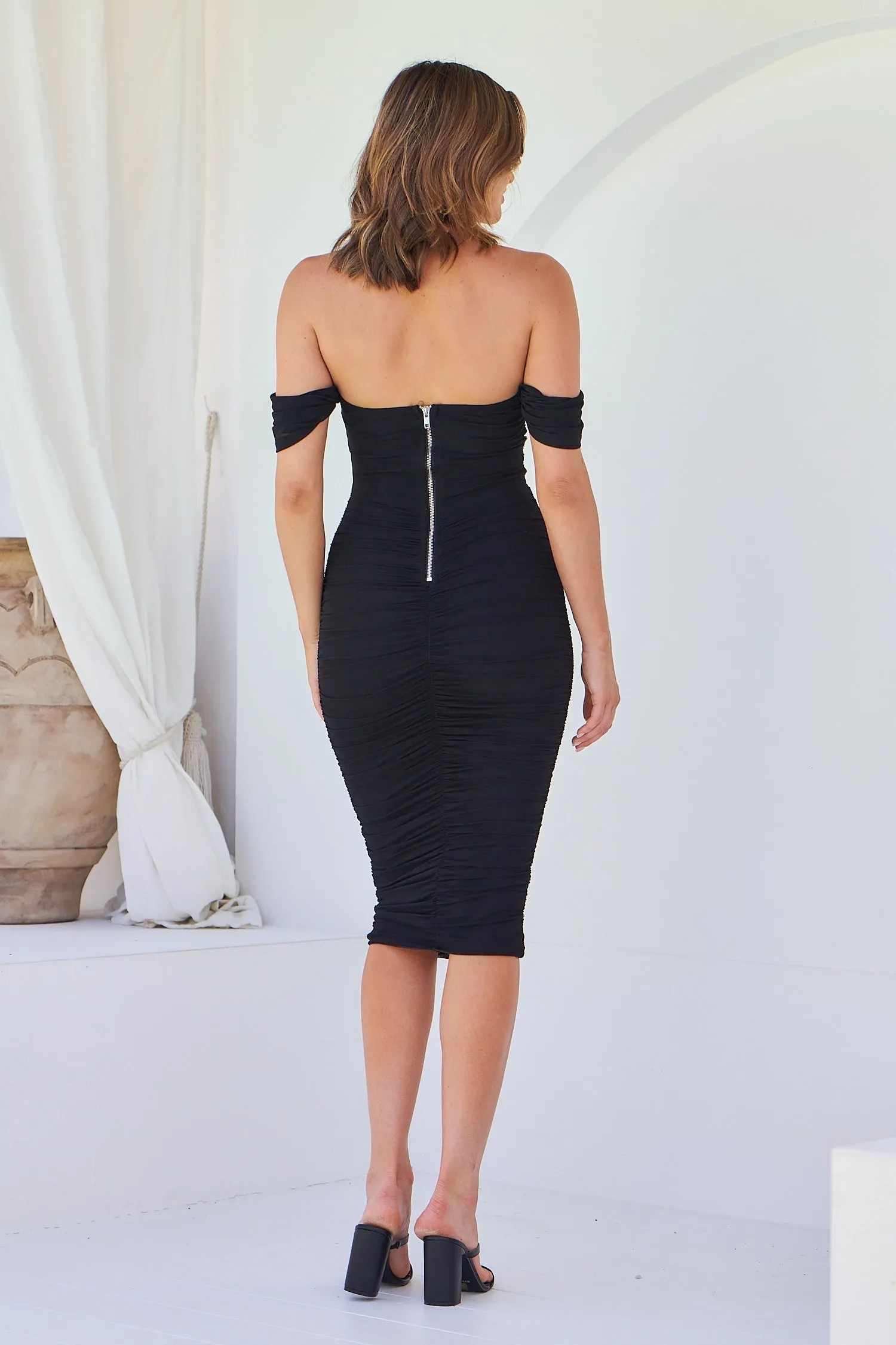 Milla Mesh Black Off Shoulder Rouged Evening Dress