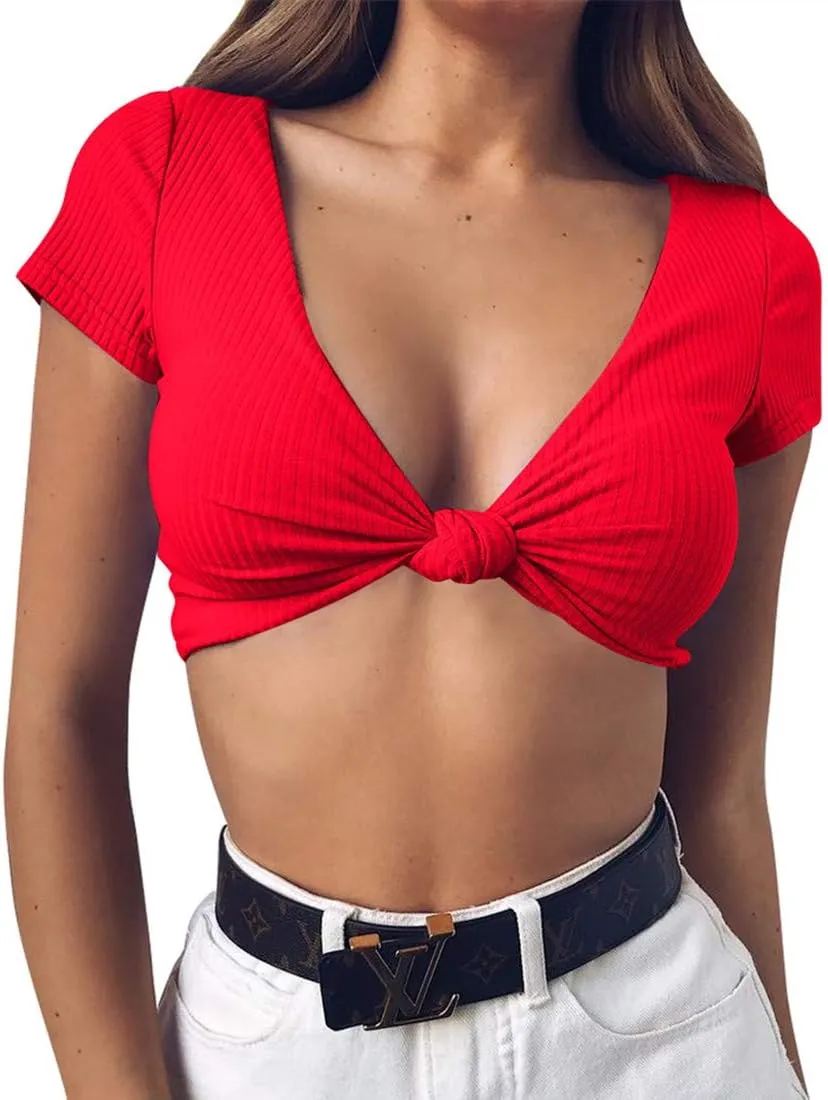 Mizoci Women's Sexy Knot Front Crop Top Deep V Neck Short Sleeve Basic Casual T Shirt