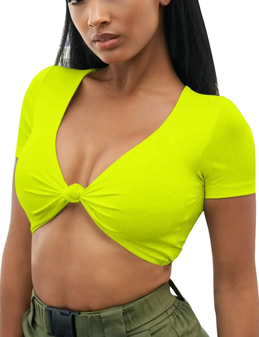 Mizoci Women's Sexy Knot Front Crop Top Deep V Neck Short Sleeve Basic Casual T Shirt