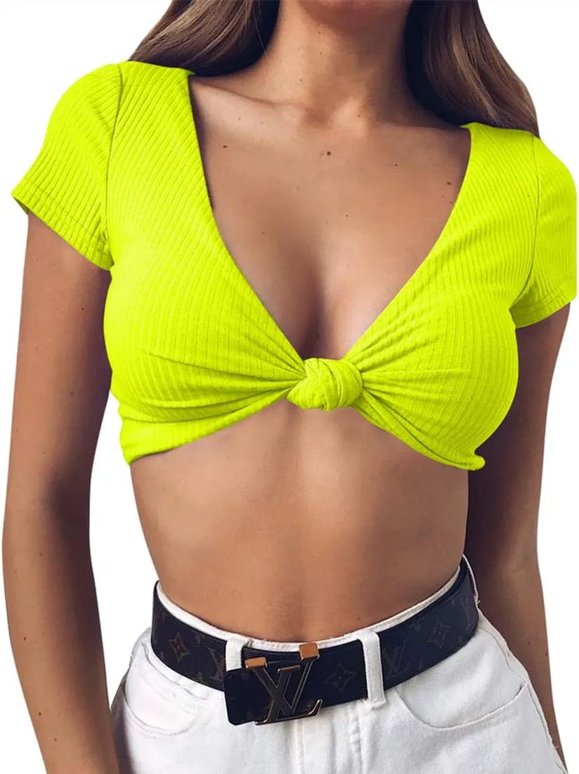 Mizoci Women's Sexy Knot Front Crop Top Deep V Neck Short Sleeve Basic Casual T Shirt