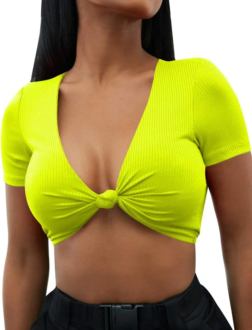 Mizoci Women's Sexy Knot Front Crop Top Deep V Neck Short Sleeve Basic Casual T Shirt