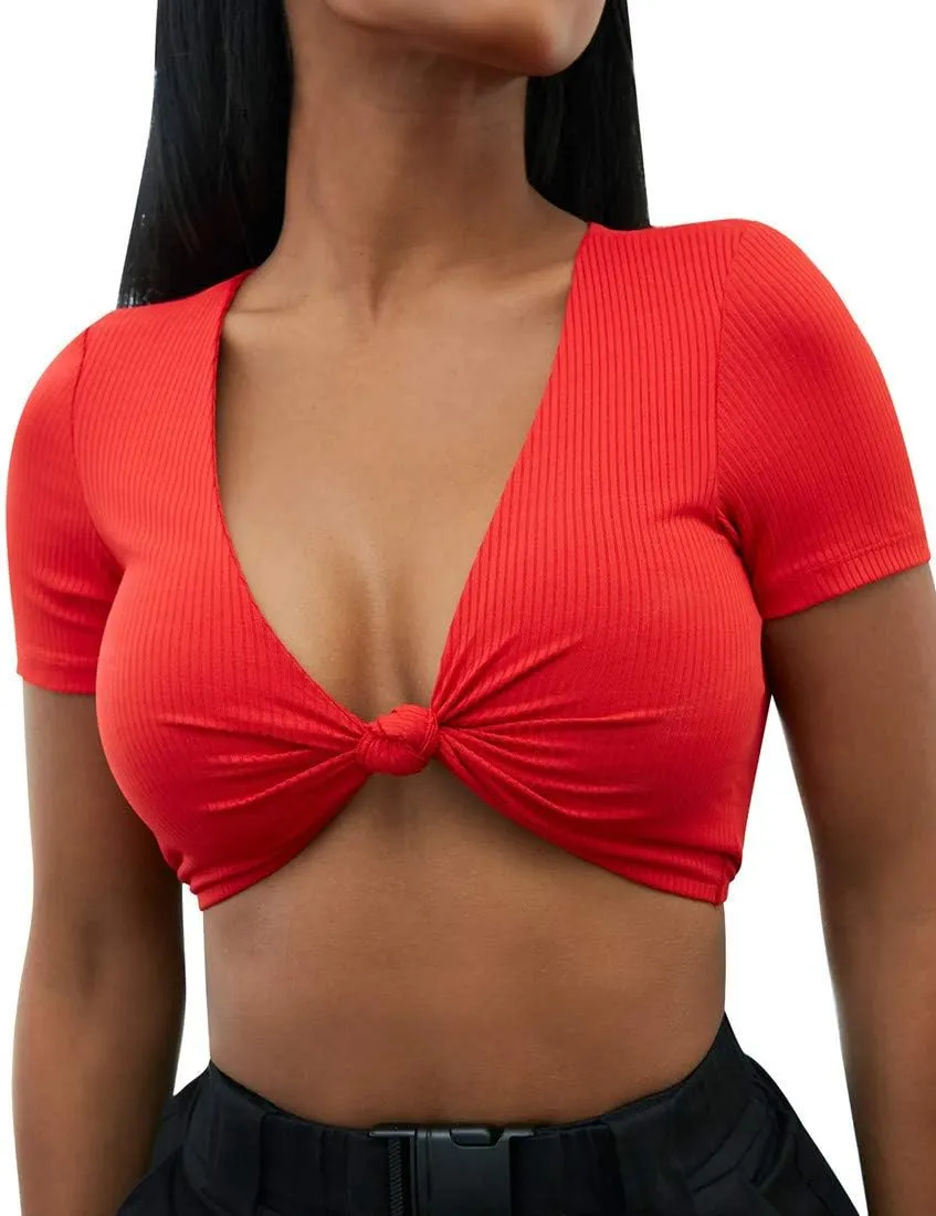 Mizoci Women's Sexy Knot Front Crop Top Deep V Neck Short Sleeve Basic Casual T Shirt