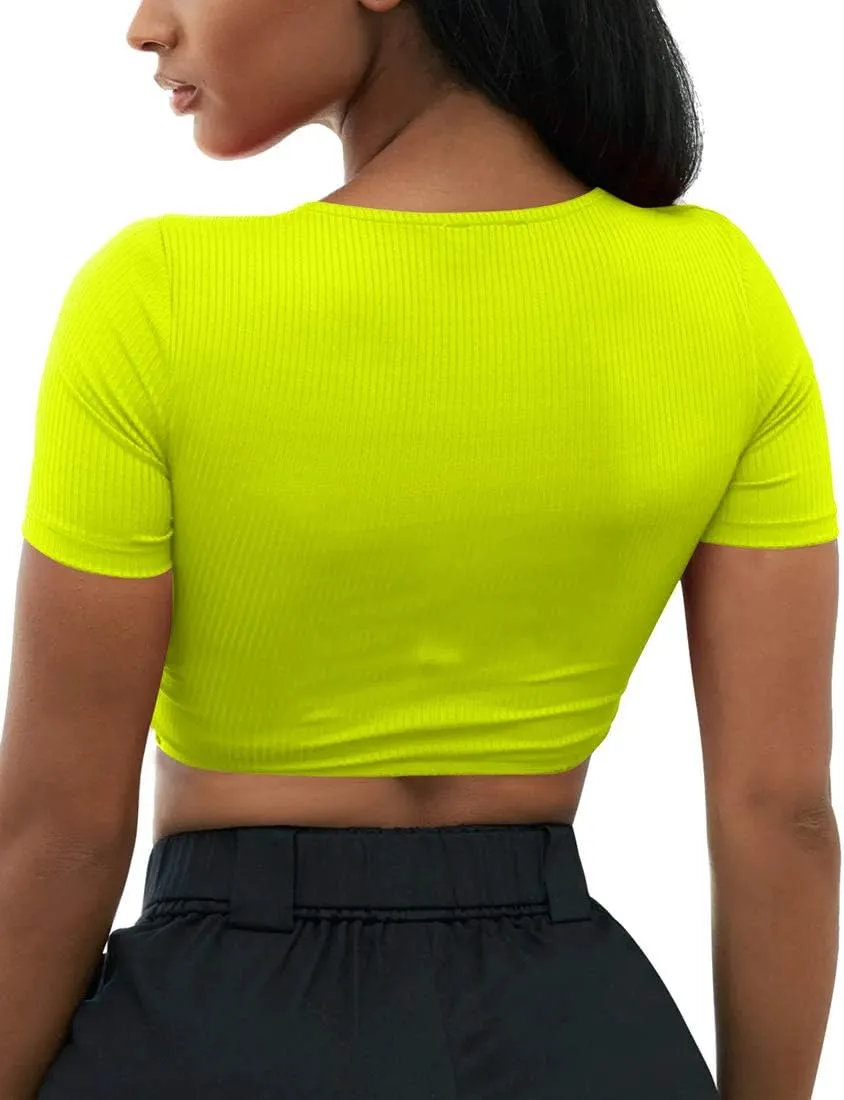Mizoci Women's Sexy Knot Front Crop Top Deep V Neck Short Sleeve Basic Casual T Shirt