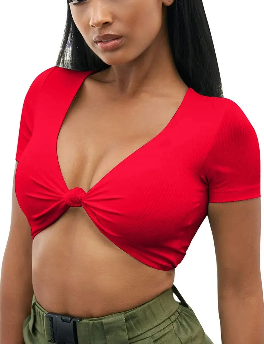 Mizoci Women's Sexy Knot Front Crop Top Deep V Neck Short Sleeve Basic Casual T Shirt