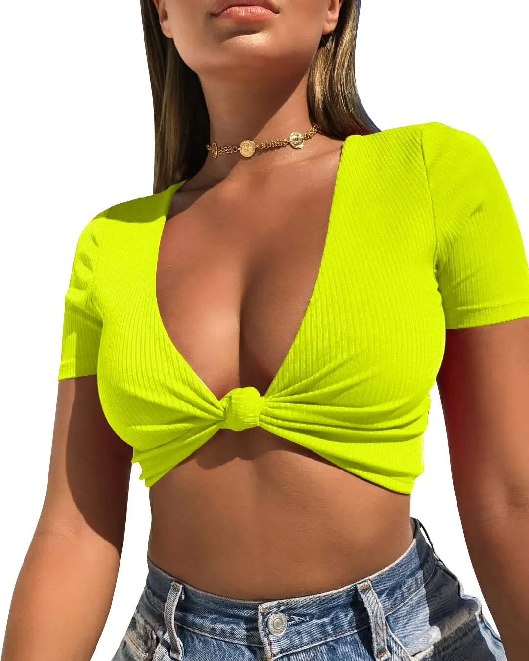Mizoci Women's Sexy Knot Front Crop Top Deep V Neck Short Sleeve Basic Casual T Shirt