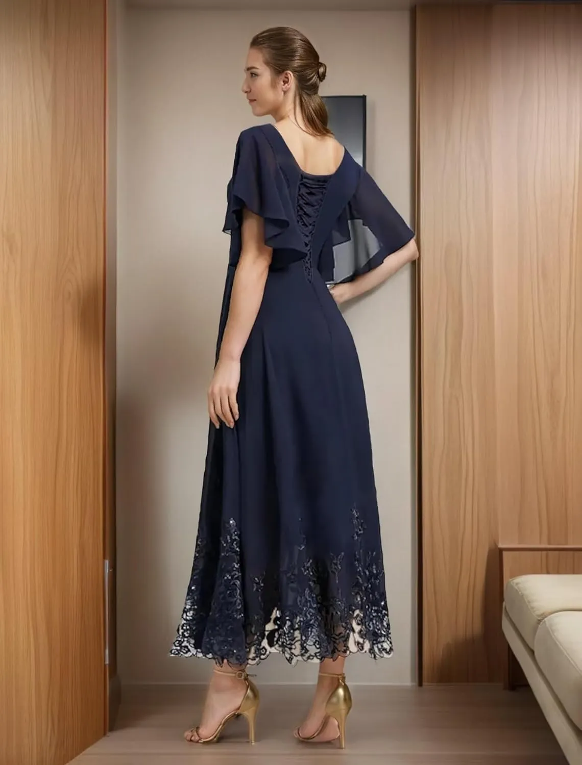 Mother of The Bride Dresses for Wedding Tea Length V Neck Chiffon Lace Formal Evening Dress with Sleeves JH019
