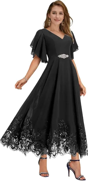 Mother of The Bride Dresses for Wedding Tea Length V Neck Chiffon Lace Formal Evening Dress with Sleeves JH019