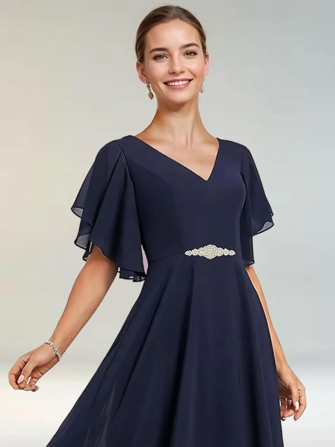 Mother of The Bride Dresses for Wedding Tea Length V Neck Chiffon Lace Formal Evening Dress with Sleeves JH019