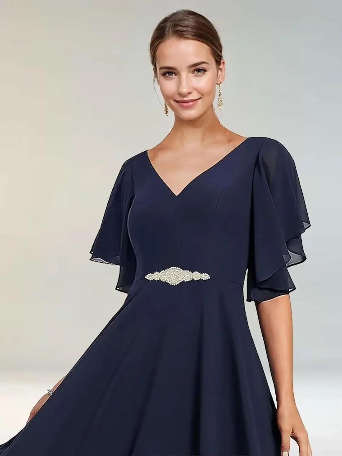 Mother of The Bride Dresses for Wedding Tea Length V Neck Chiffon Lace Formal Evening Dress with Sleeves JH019