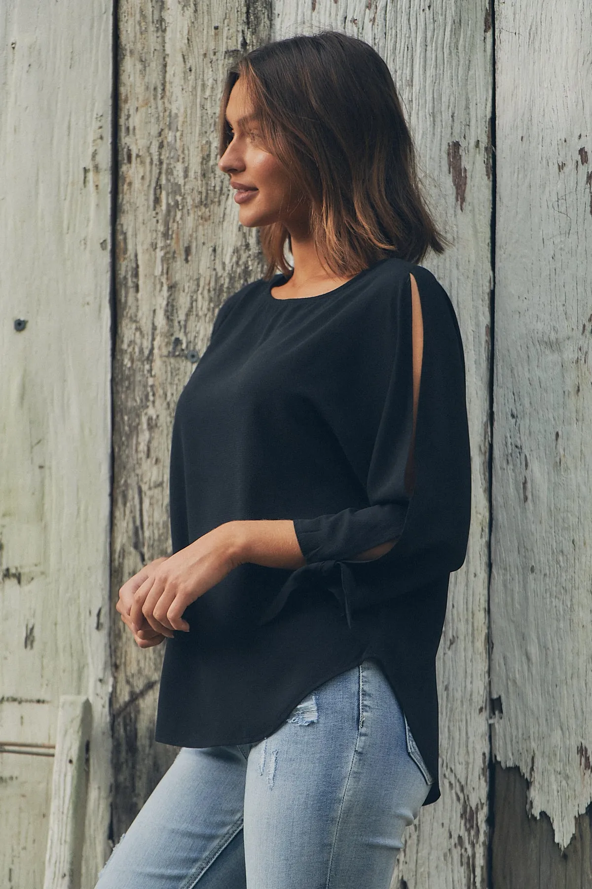 Ophelia Black 3/4 Split Tie Sleeve Blouse
