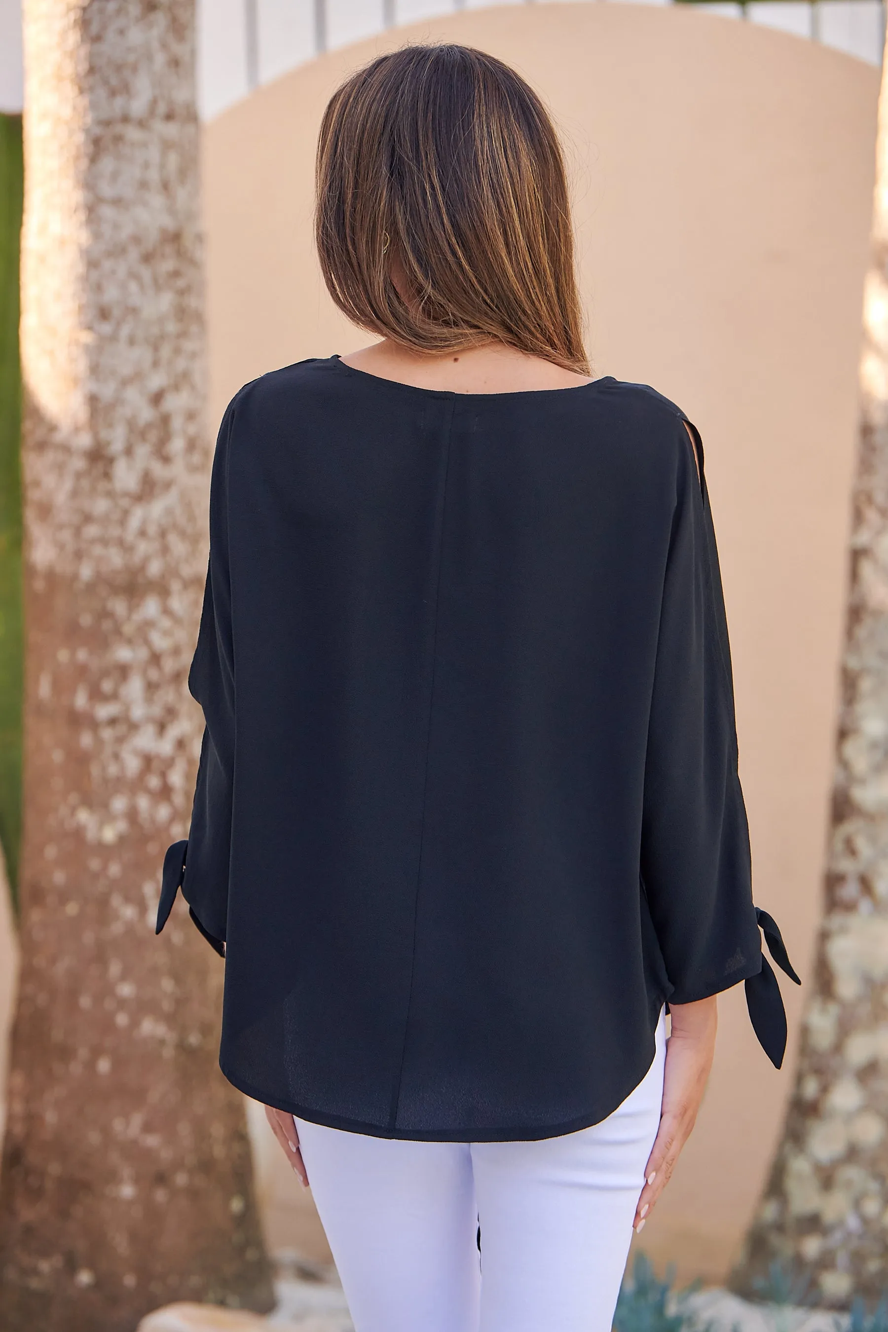 Ophelia Black 3/4 Split Tie Sleeve Blouse