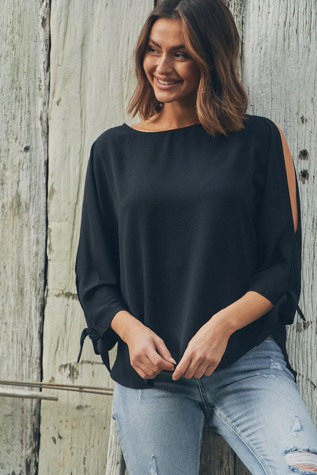 Ophelia Black 3/4 Split Tie Sleeve Blouse