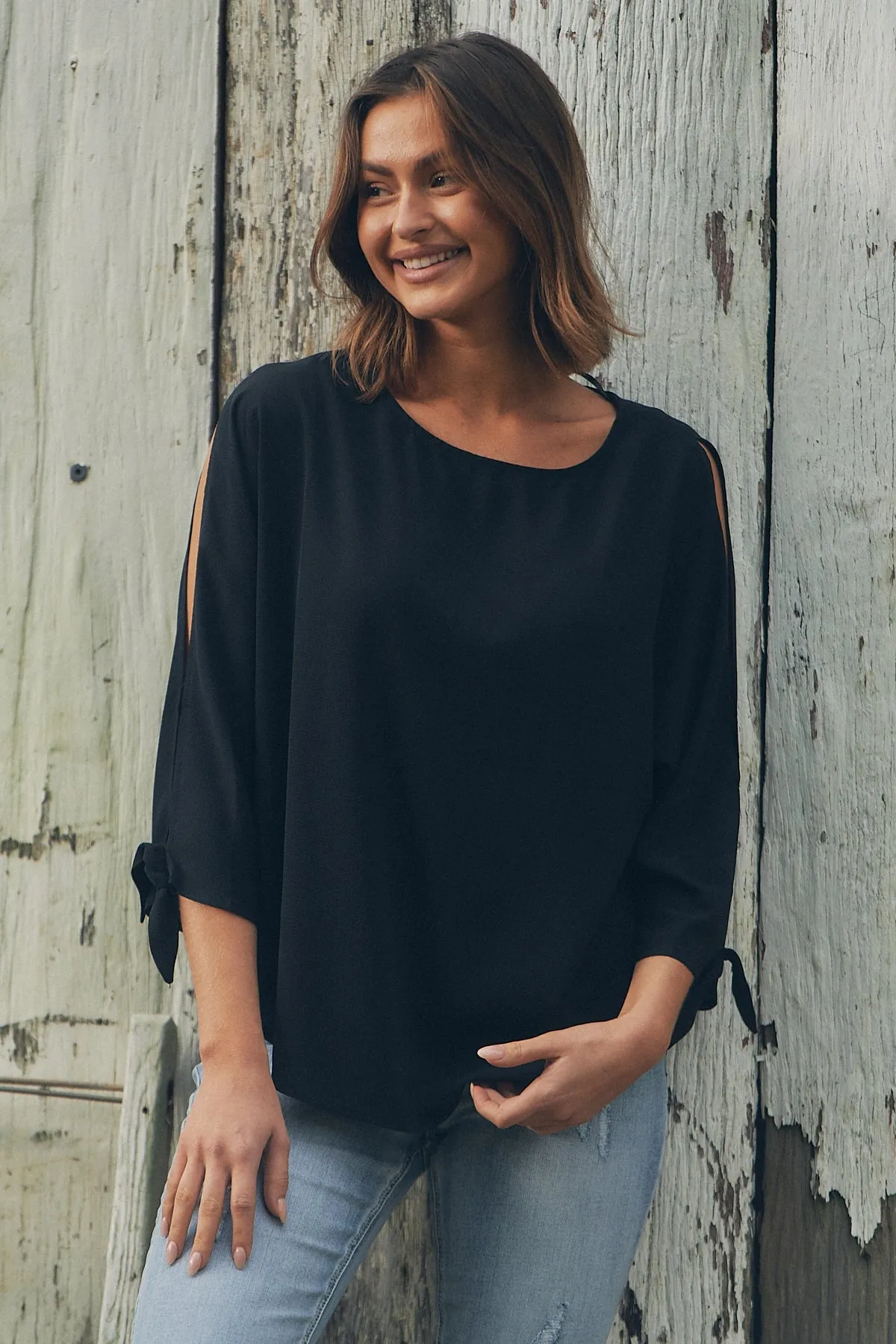 Ophelia Black 3/4 Split Tie Sleeve Blouse