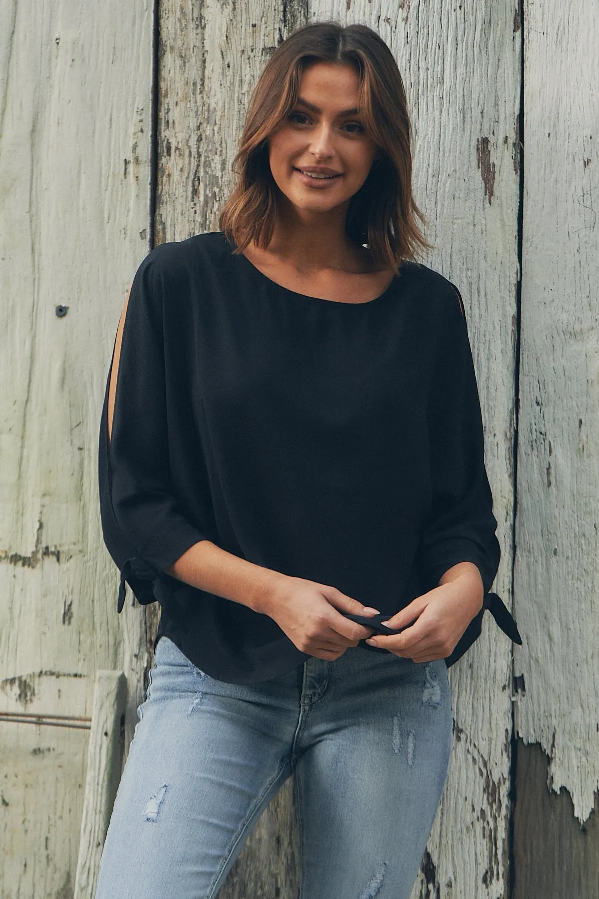 Ophelia Black 3/4 Split Tie Sleeve Blouse