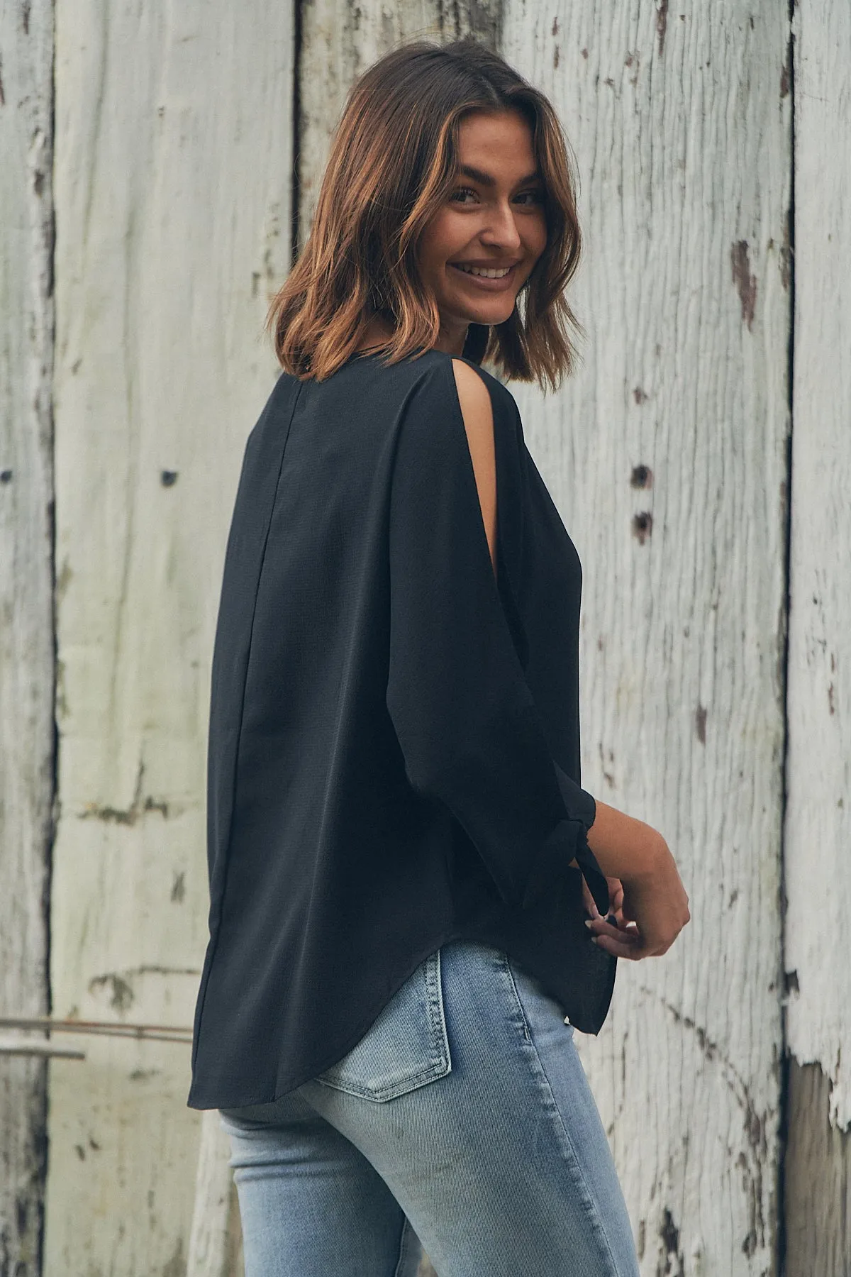 Ophelia Black 3/4 Split Tie Sleeve Blouse