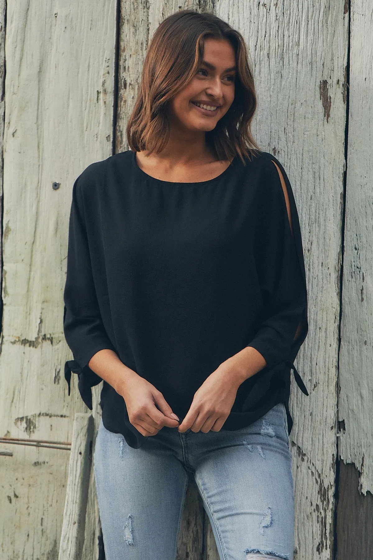 Ophelia Black 3/4 Split Tie Sleeve Blouse